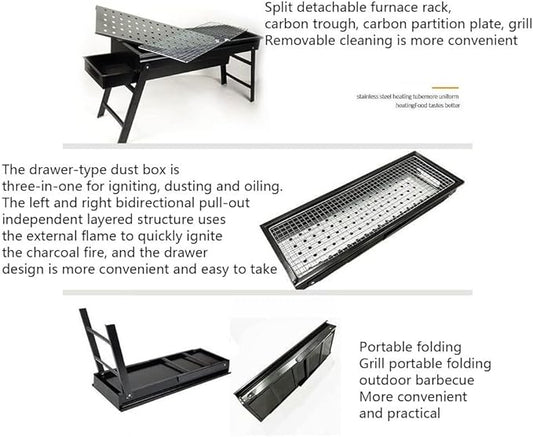 Portable BBQ Grill Folding Charcoal Barbecues Grill Stainless Steel BBQ Camping Grill for Outdoor Barbecue Lovers Picnics Park Beach Party for 3-5 People 60 x 22 x 33 cm (Size : A)