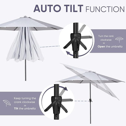 Tempera Patio Market Outdoor Table Umbrella with Auto Tilt and Crank, Large Sun Umbrella with Sturdy Pole & Fade Resistant Canopy, Easy to Set