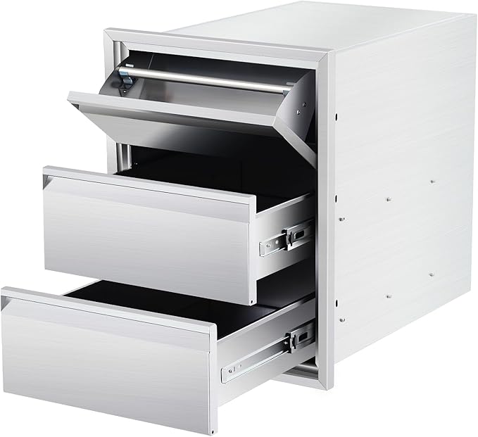 Outdoor Kitchen Access Drawers with Paper Towel Holder,16" W x 21" H x 23"D Stainless Steel Flush Mount BBQ Drawers with Grooved Handle,for Outdoor Kitchen Island or Patio Grill Station,3-Layer