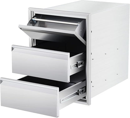Outdoor Kitchen Access Drawers with Paper Towel Holder,16" W x 21" H x 23"D Stainless Steel Flush Mount BBQ Drawers with Grooved Handle,for Outdoor Kitchen Island or Patio Grill Station,3-Layer