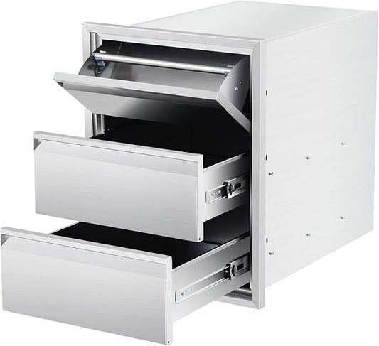 Outdoor Kitchen Access Drawers with Paper Towel Holder,16" W x 21" H x 23"D Stainless Steel Flush Mount BBQ Drawers with Grooved Handle,for Outdoor Kitchen Island or Patio Grill Station,3-Layer