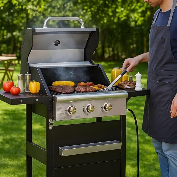 Endark 27,000 BTU 3-Burner BBQ Grill with Cover – Double-Layer Stainless Steel Lid, Cast Iron Cooking Grates, 2 Built-in Shelves & Side Wheels – For Outdoor Patio & Terrace Barbecue