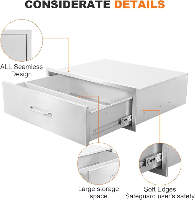 PioneerWorks 30" W x 10" H x 23" D Outdoor Kitchen Drawers, 1-Layer Outdoor Kitchen Access Drawer, Stainless Steel Built-in BBQ Drawer for Outdoor Kitchen Island, Patio Grill Station