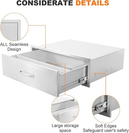 PioneerWorks 30" W x 10" H x 23" D Outdoor Kitchen Drawers, 1-Layer Outdoor Kitchen Access Drawer, Stainless Steel Built-in BBQ Drawer for Outdoor Kitchen Island, Patio Grill Station