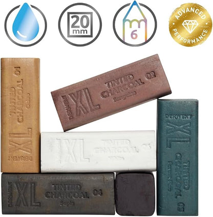 Derwent Tinted Charcoal XL Blocks 6 Tin, Set of 6, 60mm Extra-Large Block, Naturally Water-soluble, Ideal for Sketching, Drawing and Expressive Mark Making, Professional Quality (2306177)