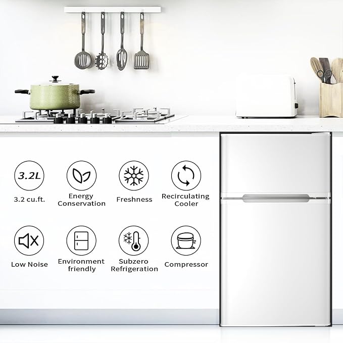 Antarctic Star Compact Refrigerator,3.2 Cu.Ft. Mini Separate Freezer Double 2-Door,Adjustable Removable Shelves for Basement,Apartment,Dorm,Office,WHITE