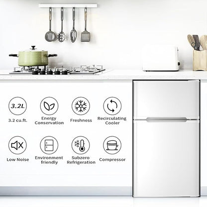 Antarctic Star Compact Refrigerator,3.2 Cu.Ft. Mini Separate Freezer Double 2-Door,Adjustable Removable Shelves for Basement,Apartment,Dorm,Office,WHITE