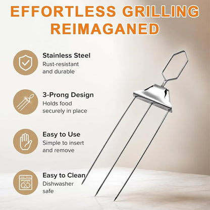 3 Prong Kabob Skewers for Grilling Set, 14.7" Stainless Steel Metal BBQ Skewers with Push-Off Slider, Silicone Basting Brush & Storage Bag, Reusable Shish Kabob Skewers for Meat & Vegetables