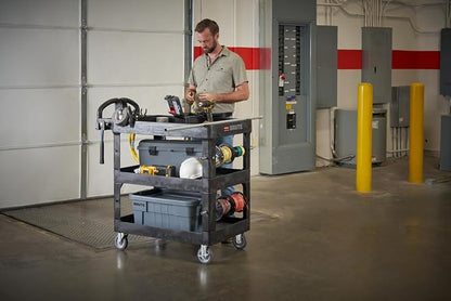 Rubbermaid Commercial Brute 3-Shelf Heavy-Duty Utility/Service Cart, Medium, High Storage, Lipped Shelves, Ergonomic Handle, 600 lb. Capacity, Ideal for Warehouse/Garage/Cleaning/Maintenance/Office