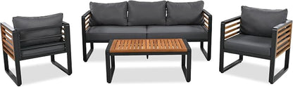 4-Pieces Outdoor Patio Sectional Sofa Set with Coffee Table, All-Weather 5 Person Conversation Set with Thick Cushions and Pillows for Garden Backyard Balcony, Acacia Wood Tabletop (Gray-N74)