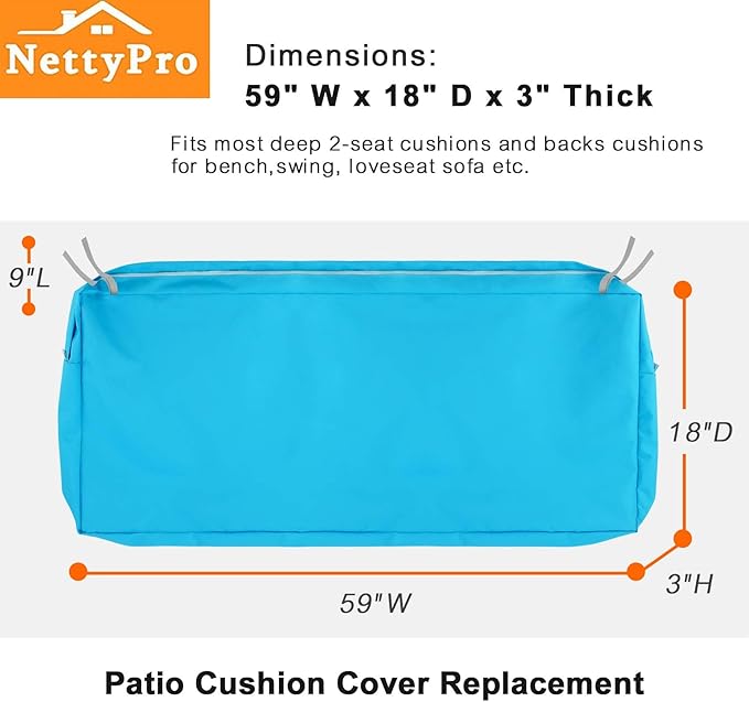 NettyPro Patio Bench Swing Loveseat Cushion Covers 59 Inch, Outdoor Furniture Cushion Slipcovers with Zipper, Water Resistant UV Protection, Replacement Cover Only