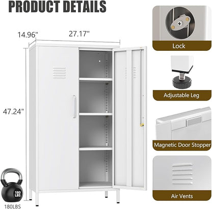 White Metal Locker Cabinet, 47" H Home Office Storage Lockers, Vertical Steel Storage Cabinet with Locking Door and 3 Adjustable Shelves, Garage Tool File Cabinets for Home Office,Garage,Bathroom.
