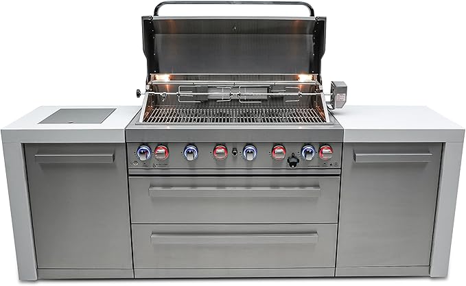 Mont Alpi Premium 94"W x 23"D Deluxe Stainless Steel Modular Outdoor Kitchen Island with Infrared Side Burner + 44"W 6-Burner BBQ Gas Grill + White Granite Countertops + Storage Cabinets & Drawers