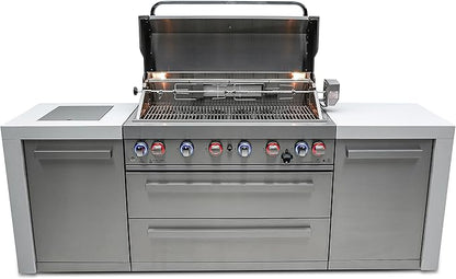 Mont Alpi Premium 94"W x 23"D Deluxe Stainless Steel Modular Outdoor Kitchen Island with Infrared Side Burner + 44"W 6-Burner BBQ Gas Grill + White Granite Countertops + Storage Cabinets & Drawers