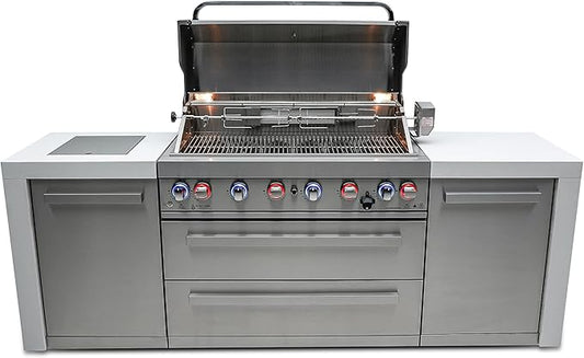 Mont Alpi Premium 94"W x 23"D Deluxe Stainless Steel Modular Outdoor Kitchen Island with Infrared Side Burner + 44"W 6-Burner BBQ Gas Grill + White Granite Countertops + Storage Cabinets & Drawers
