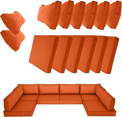 14 Piece Outdoor Patio Cushion Cover Replacement, Waterproof Patio Cushion Covers, Outdoor Furniture Cushion Covers Set for 6 Seat Wicker Rattan Sofa (Orange)