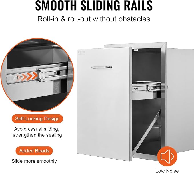 VEVOR Outdoor Kitchen Drawers 17.7"W x 25"H x 22.8"D Stainless Steel | Cabinets Trash Drawer/Door/Combo, for BBQ Island, Patio Grill Station, Access Door Drawers, Handle, Smooth Sliding Rail