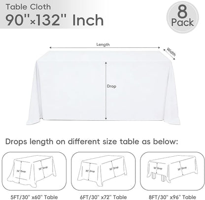 8 Pack White Rectangle Table Cloth 90 x 132 Inch For 6 Foot Tables | Wrinkle Resistant Tablecloth, Washable Polyester Fabric, Rectangular Tablecloth for Wedding Party Banquet Buffet