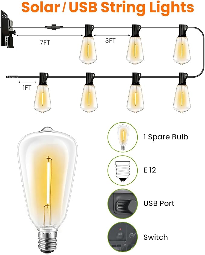VOLIVO 200FT Solar String Lights Waterproof Patio ST38 Shatterproof | Bulbs with Remote & 8 Lighting Modes, 65+2 E12 Bulbs 2700K Warm White Solar Powered String Lights for Garden Backyard