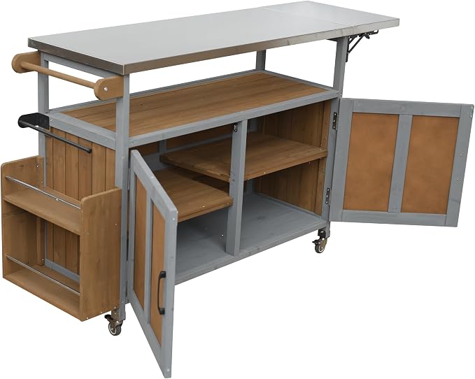 Outdoor Fir Wood Kitchen Island with Foldable Stainless Steel Top, Patio Mobile Kitchen Cart Portable Outdoor Cooking Island with Lockable Wheels, Storage Cabinet and Towel Rack (Espresso+Grey/124)