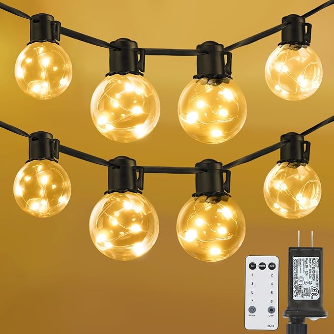 50ft Outdoor String Lights, 20 LED Bulbs Warm White Patio Lights | Dimmable, Timer, Remote, IP65 Waterproof Hanging Globe Bulb Shatterproof for Outside Backyard Balcony Bistro Christmas Decor