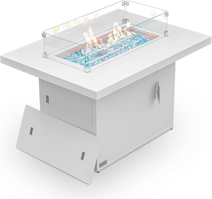 BULEXYARD 43" Aluminum Outdoor Propane Fire Pit Table, 60,000 BTU Rectangular Firepit Coffee Table with Wind Guard & Glass Stone, Large CSA Safety Approved Fireplace for Backyard Deck Garden, White