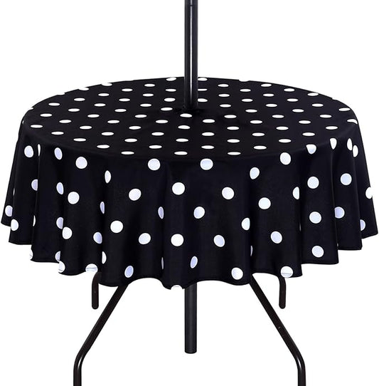 Poise3EHome Round Outdoor Tablecloth with Umbrella Hole and Zipper,Black Dot 60 Inch,Polyester SpillProof Washable Table Cloth for Spring Summer Patio Garden Poolside Picnic Camping BBQS