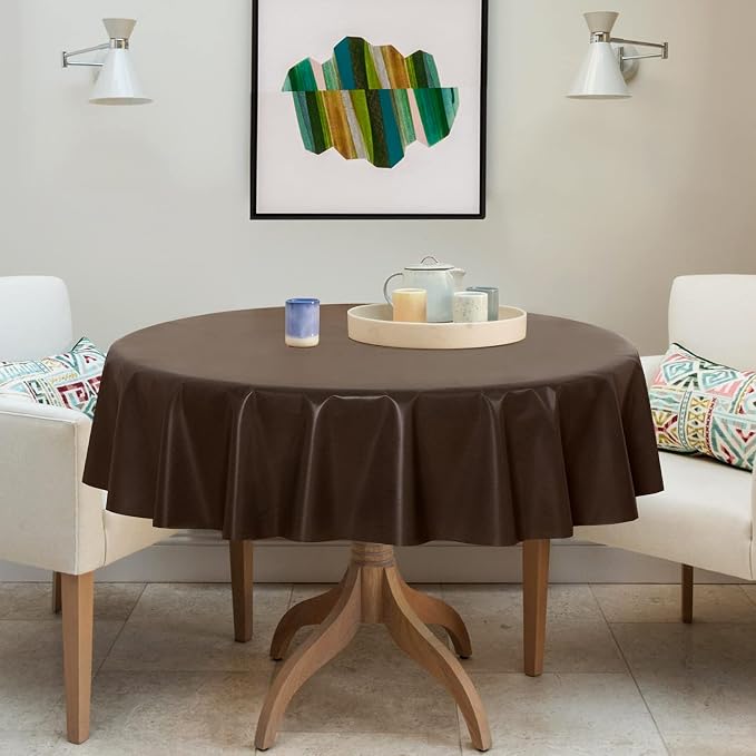sancua 100% Waterproof Vinyl Tablecloth Table Cloth 60 Inch Round, Coffee | Oil Spill Proof, PVC Material, Wipe Clean Table Cover for Dining Tables, Buffet Parties and Camping