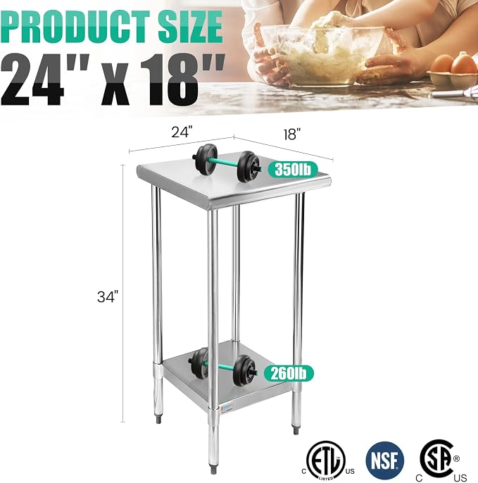 STABLEINK Stainless Steel Small Table with Undershelf 18x24 Inches for Prep | NSF Certified Heavy Duty Metal Work Table Workbench for Commercial Kitchen Restaurant Hotel Laundry Garage Chef Homemaker