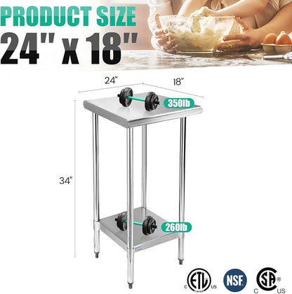 STABLEINK Stainless Steel Small Table with Undershelf 18x24 Inches for Prep | NSF Certified Heavy Duty Metal Work Table Workbench for Commercial Kitchen Restaurant Hotel Laundry Garage Chef Homemaker