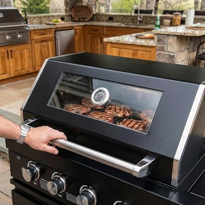 65.4 Inch Outdoor Kitchen Island, 4-Burner 72000 BTU Propane Stainless Steel BBQ with Side/Rear Burners, Outdoor Kitchen Bar Barbecue Island Grill,Marble Countertops,For Backyard BBQ