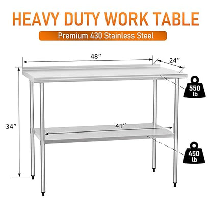 HOCCOT Stainless Steel Work Table 24" x 48" with Adjustable Undershelf and Backsplash, Commercial Workstations for Kitchen, Garage, Outdoor BBQ