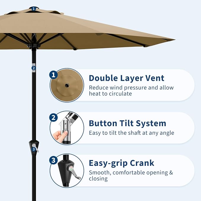 GarveeLife 10FT Umbrella Outdoor Patio, Pool Umbrella with Push Button Tilt and Crank, 8 Sturdy Ribs Waterproof UV Protection for Garden, Table, Backyard, Market | Table Umbrella Waterproof UV Protection for Garden, Pool, Deck, Backyard, Market ((Khaki)