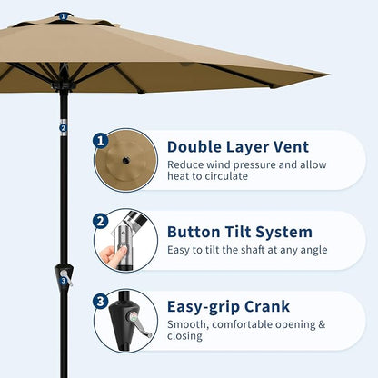 GarveeLife 10FT Umbrella Outdoor Patio, Pool Umbrella with Push Button Tilt and Crank, 8 Sturdy Ribs Waterproof UV Protection for Garden, Table, Backyard, Market | Table Umbrella Waterproof UV Protection for Garden, Pool, Deck, Backyard, Market ((Khaki)