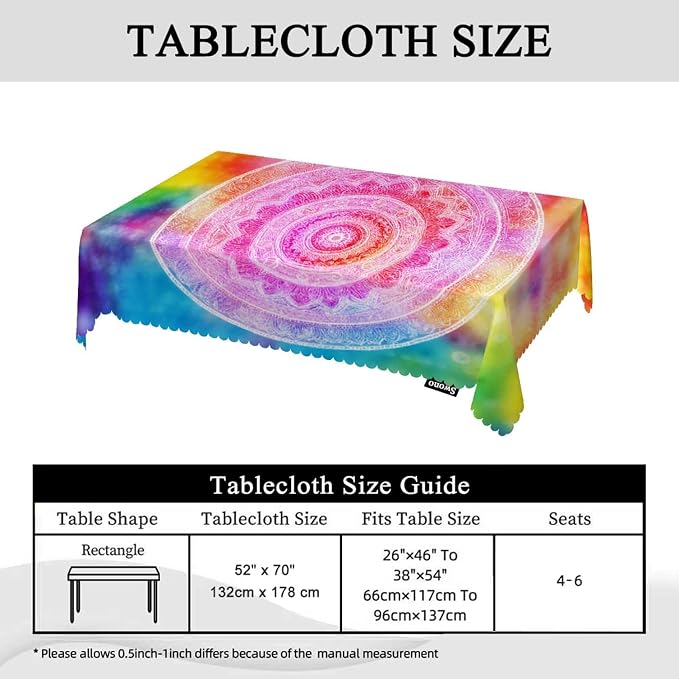 Swono 52x70 Inch Mandala Tablecloth Vintage Mandala Floral Rainbow Tie Dye Farmhouse Dining Table Cloth Anti-Stain Talking Table Cover for Kitchen Dinning Room Coffee Store