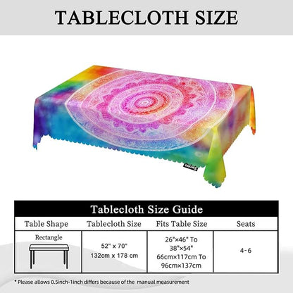 Swono 52x70 Inch Mandala Tablecloth Vintage Mandala Floral Rainbow Tie Dye Farmhouse Dining Table Cloth Anti-Stain Talking Table Cover for Kitchen Dinning Room Coffee Store