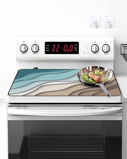Stove Top Covers for Electric Stove 31x24 Inches, Teal Brown Ombre Cream HeatResistant Glass Cooktop Protector, Modern Geometric Sea Waves Abstract Ceramic Stovetop Countertop Covers Mat, Oven Cover