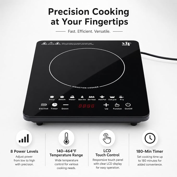 Portable Induction Cooktop, 110V Countertop Single Burner - 8 Power | 8 Power Settings, LCD Touch Control, 180-Min Timer, Preset Cooking, Compact Hot Plate for Kitchen, Dorm, RV
