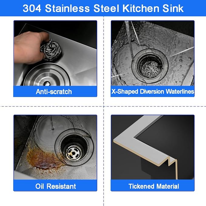 21 x 19 Inch Modern Drop In Kitchen Bar Sink, 304 Stainless Steel Black Single Bowl Topmount Sink, Nano Laundry RV Deep Workstation Sinks with Drain Strainer & Grid