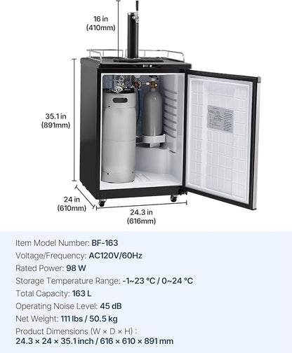 VEVOR Beer Kegerator, Single Tap Commercial Draft Beer Dispenser for D system, Full Size Keg Refrigerator with 5lbs CO2 Tank, Hold 2 Sixth / 3 Ball lock keg, Silver