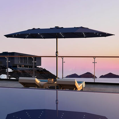 Garvee 15FT Patio Umbrella with Solar Lights & Base Included, Navy Blue | Rectangular Large Patio Umbrella with Crank Handle 48 LED Lights, UV Protection for Outdoor Market, Backyard, Deck, Poolside