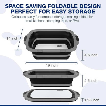 2-Pack XL Collapsible BBQ Prep Tub with Built-In Cutting Board, Lid & Strainer – Marinate, Drain & Prep – Large Food-Safe Container – Perfect for Grilling, Smoking & Outdoor Cooking (Black)