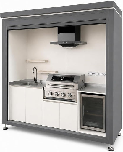 Sunnyjoy Modular Outdoor Kitchen, Premium Aluminum Cabinet System-3 | Standard edition with grill, sink & storage, durable weather-resistant design, includes roll-up set for protection
