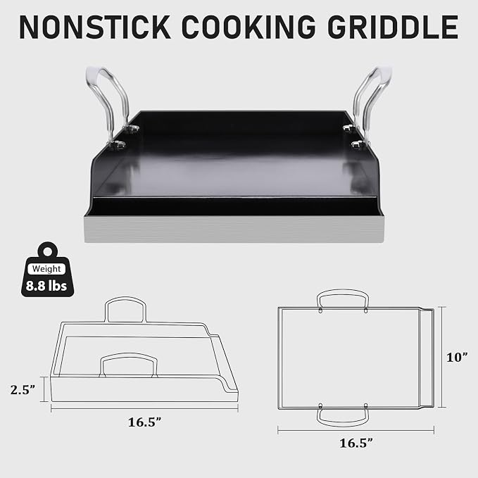 Utheer 16.5x10 Ceramic Nonstick Stainless Steel Griddle for Gas Grill | Ceramic Nonstick Stainless Steel Griddle Fits Gas Grill, Charcoal Grill and Stove Top with Grease Channel and Handles