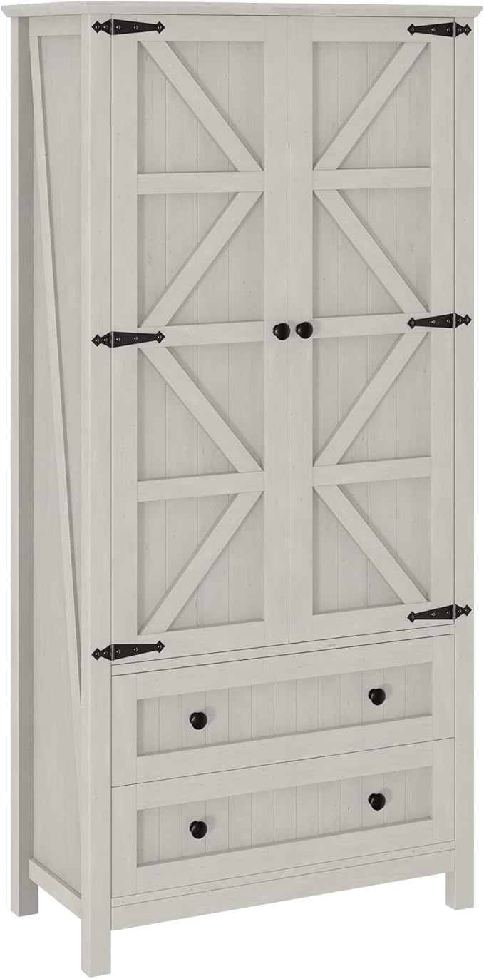 DWVO 64.5" Pantry Cabinet with Barn Doors, 2 Drawers & Shelves, Off White | Farmhouse Storage Cupboard for Dining Room, Living Room, and Bathroom