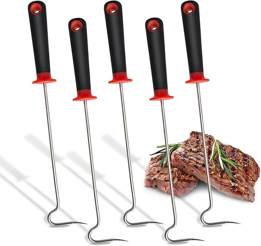 5Pcs Food Flipper Turner Hooks, Stainless Steel BBQ Turner Hooks Non-slip Handles BBQ Grill and Smoker Accessories for Grilling Ribs Steaks Chicken Sausages