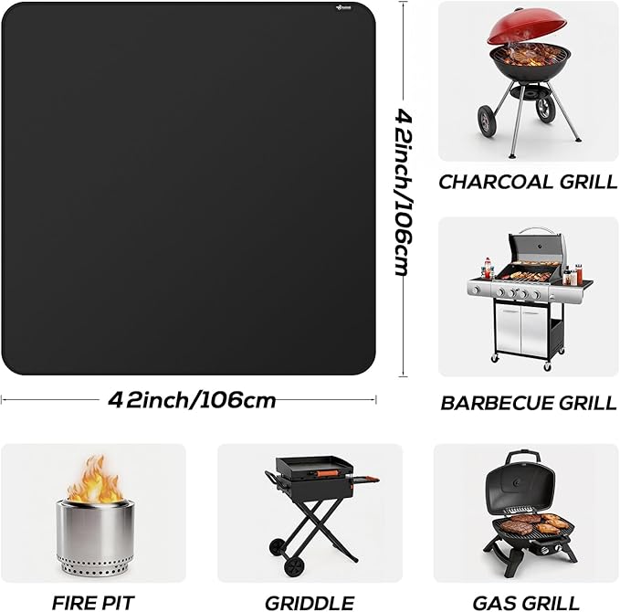FLASLD Heavy-Duty Under Grill Mat 42inch Square Fire Pit Mat,3 Layers Fireproof Waterproof Grill Pads Protect for Deck,Patio,Outdoor Charcoal,Smokers,Wood Floor,Indoor Black Fireplace Reusable