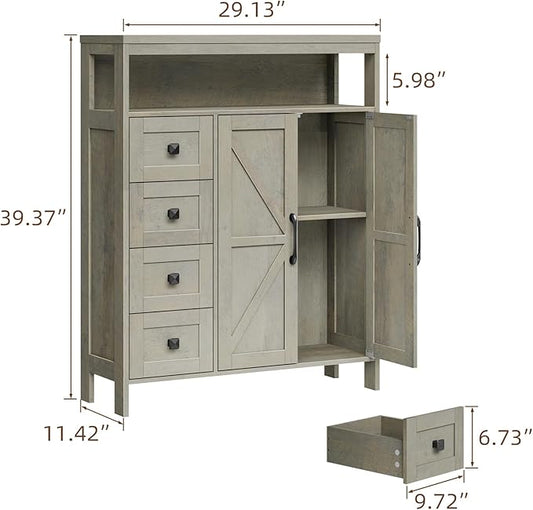 Vabches Farmhouse Storage Cabinet with 2 Doors and 4 Drawers, Freestanding Bathroom Storage Cabinet Kitchen Pantry Cabinet, Floor Cabinets Hutch Cupboard for Kitchen/Living Room/Bathroom.Grey Oak.
