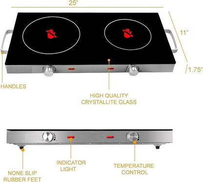 Ceramic Infrared Double Electric Cooktop – Portable Dual Burner with Glass Top, Adjustable Heat, Compact Design for Dorm, RV, or Camping