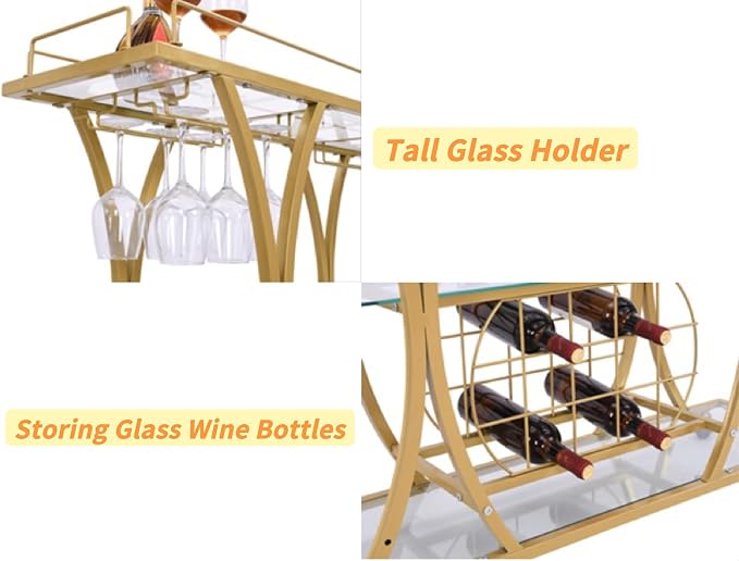 Gold Bar Carts with Glass Holders & Wine Rack,3 Tier Home Bar Serving Carts with Glass Shelves,Metal Rolling Bar Carts for The Home Kitchen, Party | With Wine Rack, Modern, Holder Rack, Easy Assembly, Sturdy